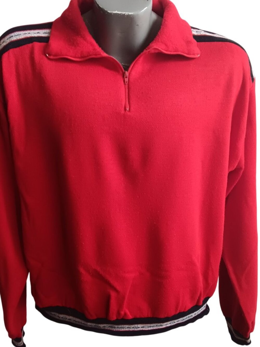 Sweatshirt Red Pullover Vintage 70's XL Men's Striped Shoulder Trim Quarter Zip